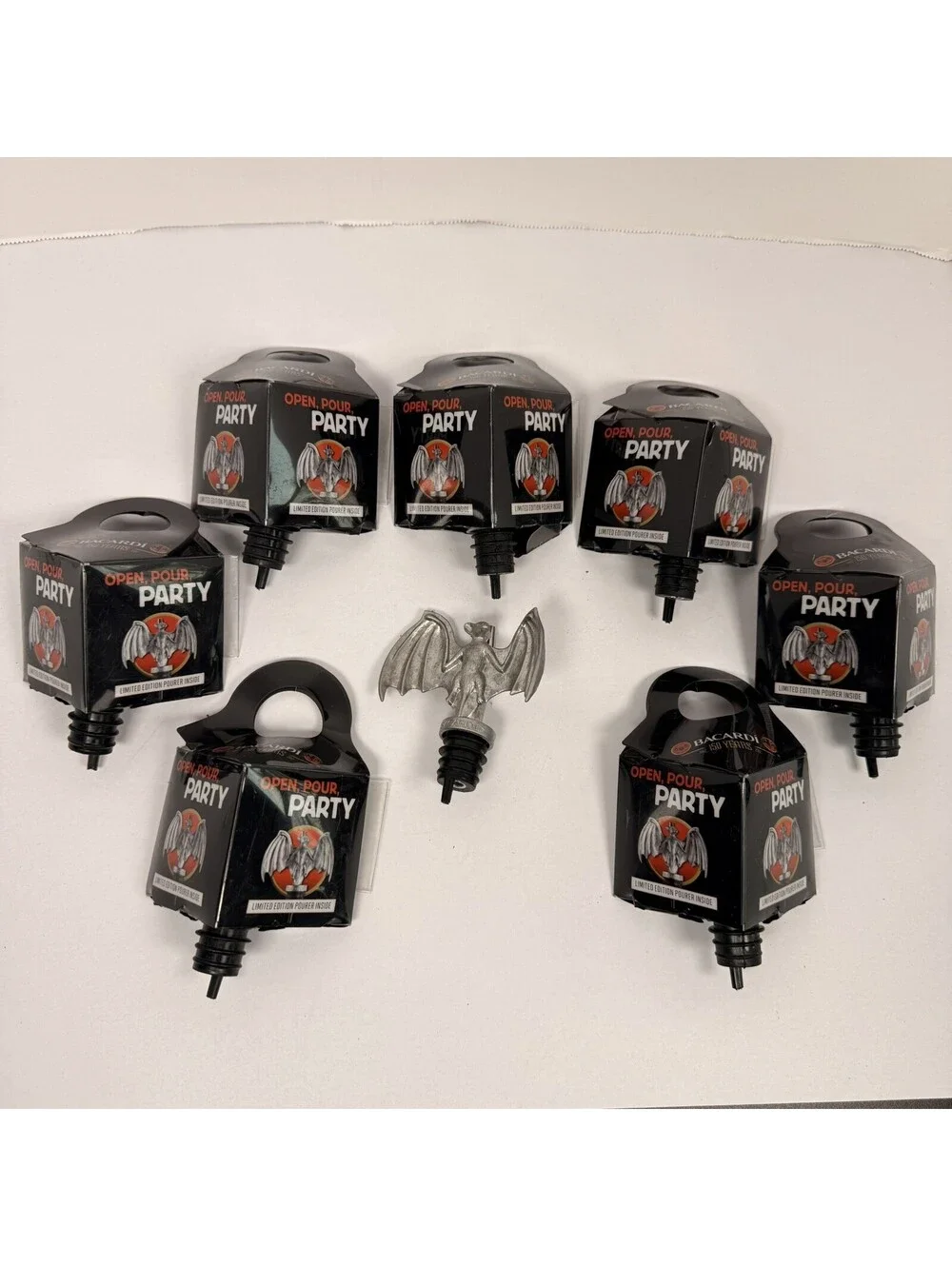 Lot Of 8 BRAND NEW 2012 Pewter BACARDI Rum Metal BAT POURER Liquor Spout Beware